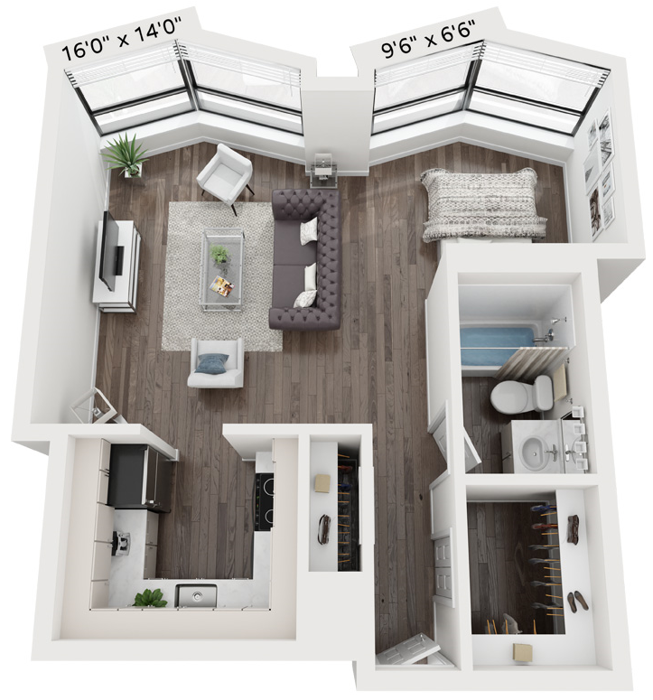 Floor plan for studio, 1 bath, 520 sqft